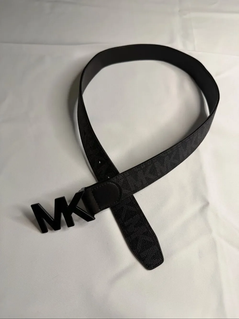 Michael Kors Men's Silver Tone MK Logo Buckle Black Monogram Belt Size 32